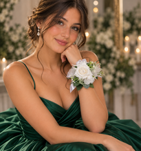 Load image into Gallery viewer, Green &amp; white corsage &amp; buttonhole set Style 2 - School formal, prom, graduation, wedding

