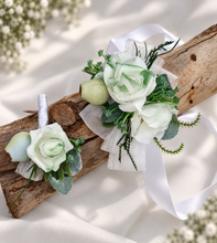 Load image into Gallery viewer, Green &amp; white corsage &amp; buttonhole set Style 3 - School formal, prom, graduation, wedding
