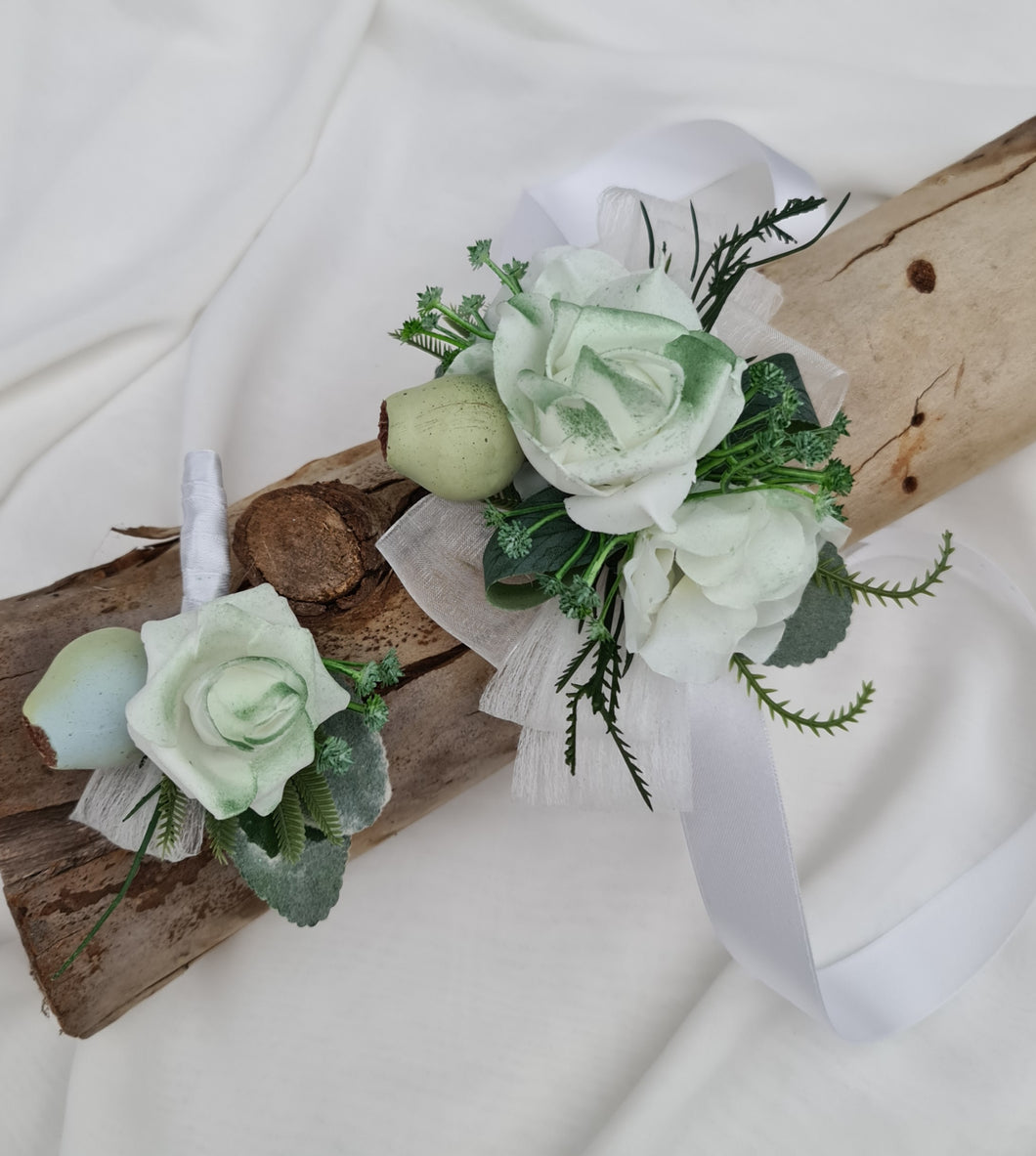 Green & white corsage & buttonhole set Style 3 - School formal, prom, graduation, wedding