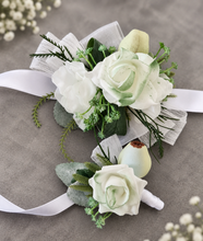 Load image into Gallery viewer, Green &amp; white corsage &amp; buttonhole set Style 3 - School formal, prom, graduation, wedding
