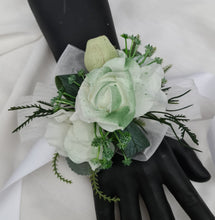 Load image into Gallery viewer, Green &amp; white corsage &amp; buttonhole set Style 3 - School formal, prom, graduation, wedding
