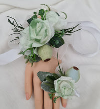 Load image into Gallery viewer, Green &amp; white corsage &amp; buttonhole set Style 3 - School formal, prom, graduation, wedding
