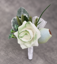 Load image into Gallery viewer, Green &amp; white corsage &amp; buttonhole set Style 3 - School formal, prom, graduation, wedding
