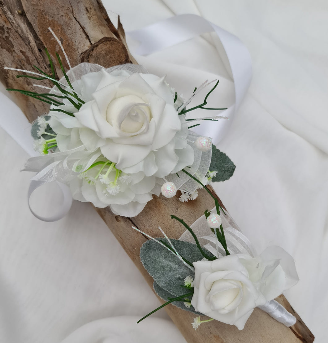 Green & white corsage & buttonhole set Style 4 - School formal, prom, graduation, wedding