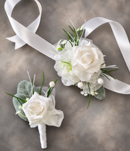 Load image into Gallery viewer, Green &amp; white corsage &amp; buttonhole set Style 4 - School formal, prom, graduation, wedding
