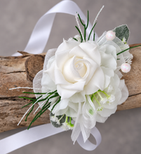 Load image into Gallery viewer, Green &amp; white corsage &amp; buttonhole set Style 4 - School formal, prom, graduation, wedding
