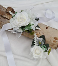 Load image into Gallery viewer, Green &amp; white corsage &amp; buttonhole set Style 5 - School formal, prom, graduation, wedding
