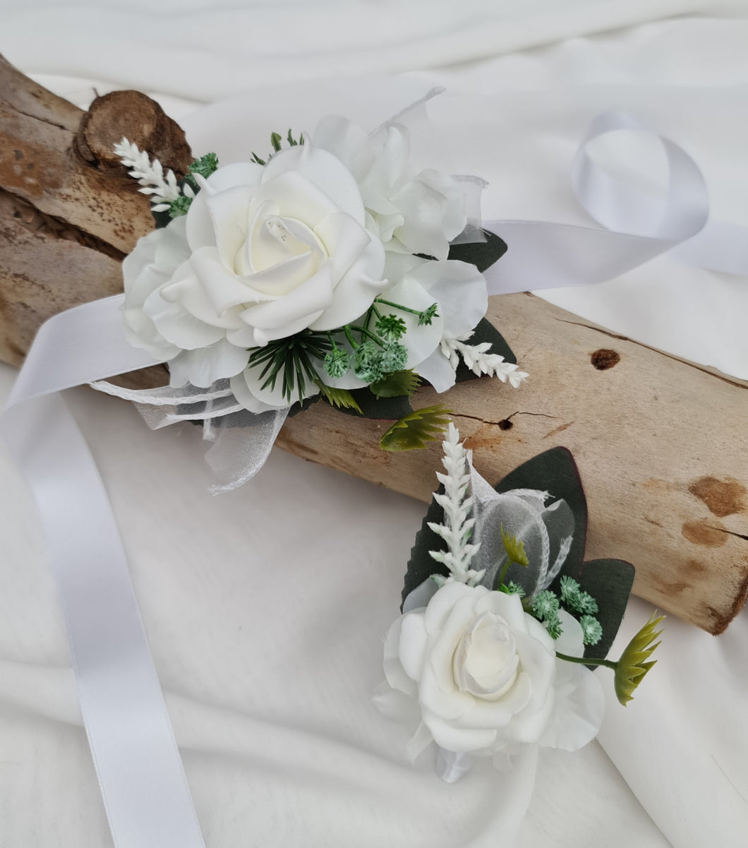 Green & white corsage & buttonhole set Style 5 - School formal, prom, graduation, wedding
