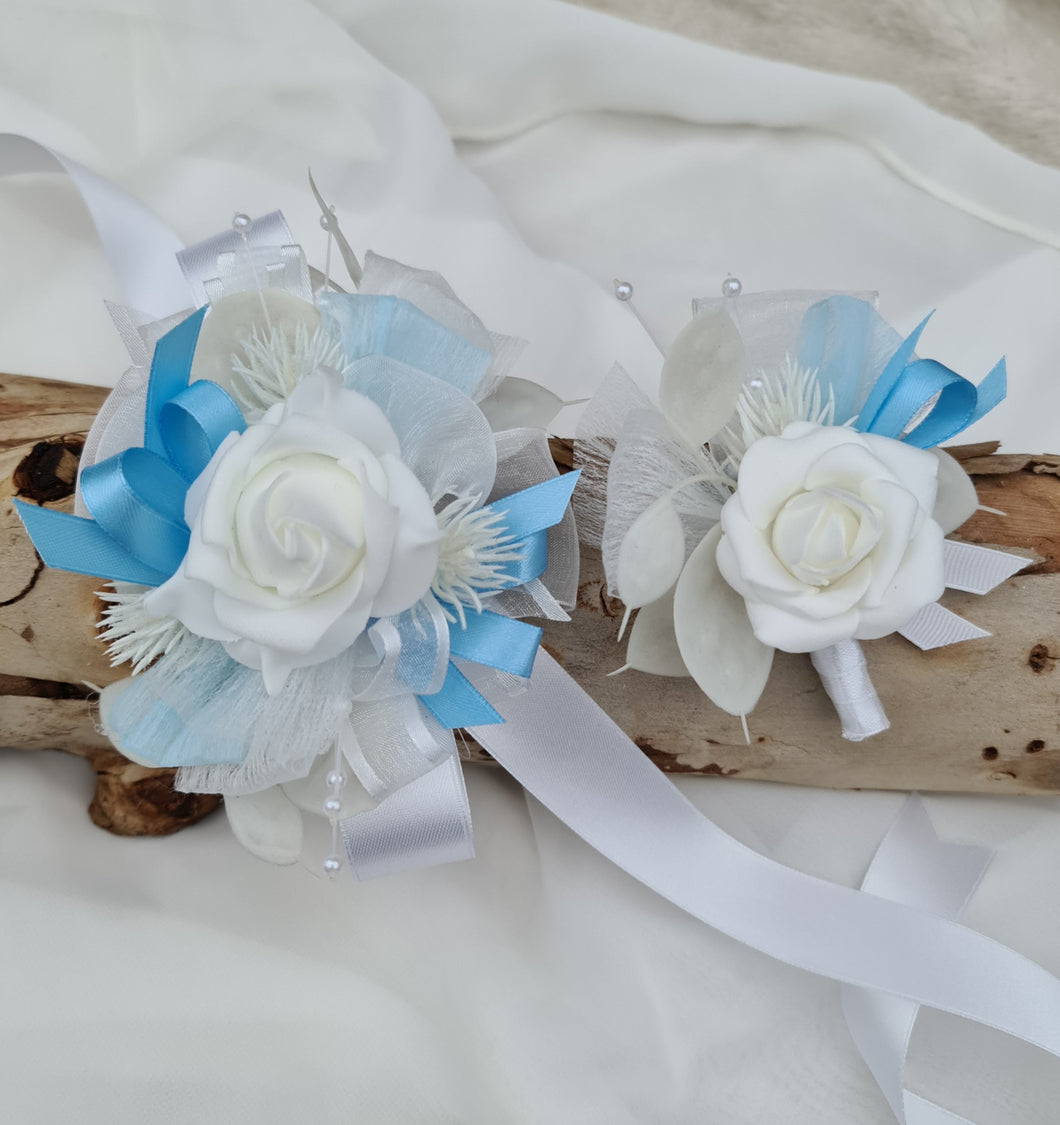 White baby blue corsage & buttonhole set - School formal, prom, graduation, wedding