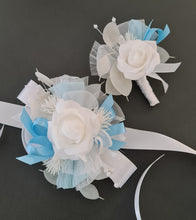 Load image into Gallery viewer, White baby blue corsage &amp; buttonhole set - School formal, prom, graduation, wedding
