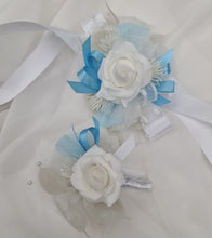 Load image into Gallery viewer, White baby blue corsage &amp; buttonhole set - School formal, prom, graduation, wedding

