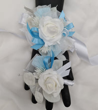 Load image into Gallery viewer, White baby blue corsage &amp; buttonhole set - School formal, prom, graduation, wedding
