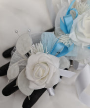 Load image into Gallery viewer, White baby blue corsage &amp; buttonhole set - School formal, prom, graduation, wedding
