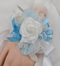 Load image into Gallery viewer, White baby blue corsage &amp; buttonhole set - School formal, prom, graduation, wedding
