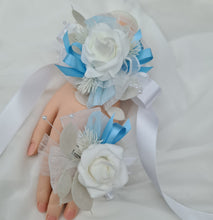 Load image into Gallery viewer, White baby blue corsage &amp; buttonhole set - School formal, prom, graduation, wedding
