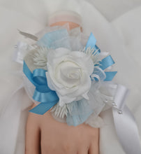 Load image into Gallery viewer, White baby blue corsage &amp; buttonhole set - School formal, prom, graduation, wedding
