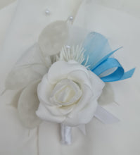 Load image into Gallery viewer, White baby blue corsage &amp; buttonhole set - School formal, prom, graduation, wedding
