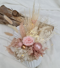 Load image into Gallery viewer, Happy Birthday preserved flowers in dusty pink, neutral &amp; blush colours with preserved peony n lights
