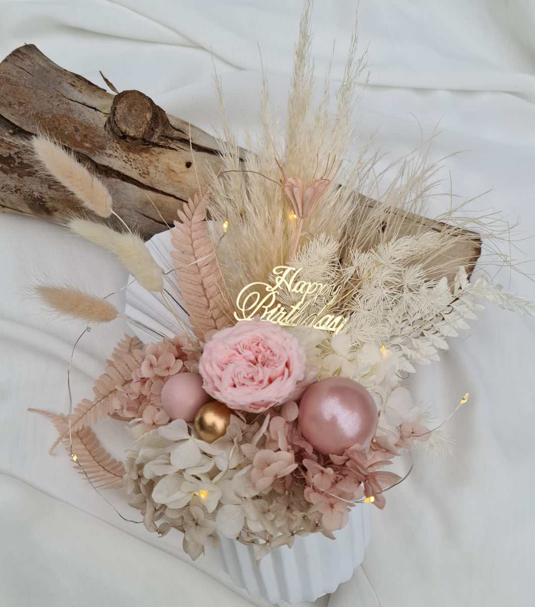 Happy Birthday preserved flowers in dusty pink, neutral & blush colours with preserved peony n lights