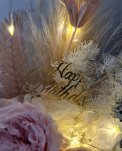 Load image into Gallery viewer, Happy Birthday preserved flowers in dusty pink, neutral &amp; blush colours with preserved peony n lights

