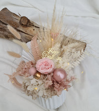 Load image into Gallery viewer, Happy Birthday preserved flowers in dusty pink, neutral &amp; blush colours with preserved peony n lights
