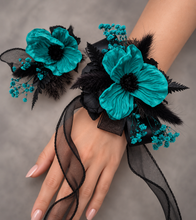 Load image into Gallery viewer, Emerald black corsage &amp; buttonhole set - School formal, prom, graduation, wedding
