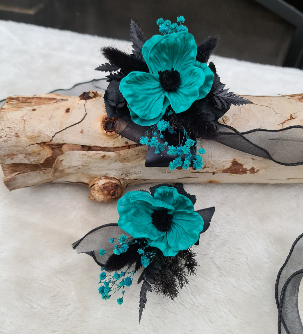 Emerald black corsage & buttonhole set - School formal, prom, graduation, wedding