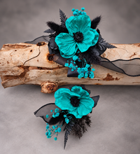Load image into Gallery viewer, Emerald black corsage &amp; buttonhole set - School formal, prom, graduation, wedding
