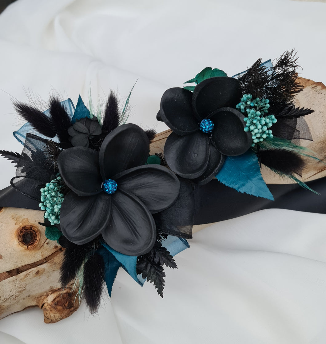 Emerald black frangipani corsage & buttonhole set - School formal, prom, graduation, wedding