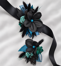 Load image into Gallery viewer, Emerald black frangipani corsage &amp; buttonhole set - School formal, prom, graduation, wedding
