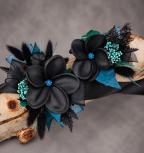 Load image into Gallery viewer, Emerald black frangipani corsage &amp; buttonhole set - School formal, prom, graduation, wedding
