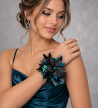 Load image into Gallery viewer, Emerald black frangipani corsage &amp; buttonhole set - School formal, prom, graduation, wedding
