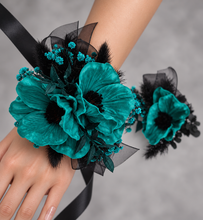 Load image into Gallery viewer, Emerald black anemone corsage &amp; buttonhole set - School formal, prom, graduation, wedding
