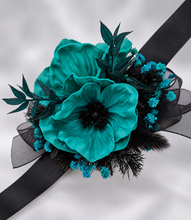 Load image into Gallery viewer, Emerald black anemone corsage &amp; buttonhole set - School formal, prom, graduation, wedding

