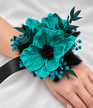 Load image into Gallery viewer, Emerald black anemone corsage &amp; buttonhole set - School formal, prom, graduation, wedding
