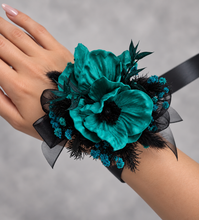 Load image into Gallery viewer, Emerald black anemone corsage &amp; buttonhole set - School formal, prom, graduation, wedding
