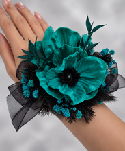 Load image into Gallery viewer, Emerald black anemone corsage &amp; buttonhole set - School formal, prom, graduation, wedding
