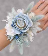Load image into Gallery viewer, Pearl bracelet everlasting flowers blue / white corsage AB1171 - School formal, prom, graduation, wedding
