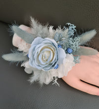 Load image into Gallery viewer, Pearl bracelet everlasting flowers blue / white corsage AB1171 - School formal, prom, graduation, wedding
