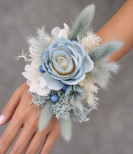 Load image into Gallery viewer, Pearl bracelet everlasting flowers blue / white corsage AB1171 - School formal, prom, graduation, wedding
