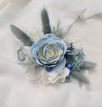 Load image into Gallery viewer, Pearl bracelet everlasting flowers blue / white corsage AB1171 - School formal, prom, graduation, wedding
