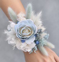 Load image into Gallery viewer, Pearl bracelet everlasting flowers blue / white corsage AB1171 - School formal, prom, graduation, wedding
