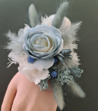 Load image into Gallery viewer, Pearl bracelet everlasting flowers blue / white corsage AB1171 - School formal, prom, graduation, wedding
