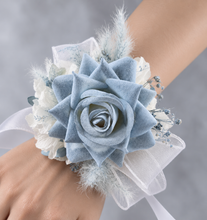 Load image into Gallery viewer, Blue &amp; white corsage &amp; buttonhole set AB1172 - School formal, prom, graduation, wedding
