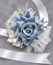 Load image into Gallery viewer, Blue &amp; white corsage &amp; buttonhole set AB1172 - School formal, prom, graduation, wedding
