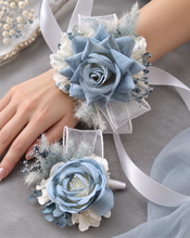 Load image into Gallery viewer, Blue &amp; white corsage &amp; buttonhole set AB1172 - School formal, prom, graduation, wedding
