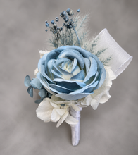 Load image into Gallery viewer, Blue &amp; white corsage &amp; buttonhole set AB1172 - School formal, prom, graduation, wedding
