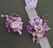 Load image into Gallery viewer, Purple violet peony corsage &amp; buttonhole set AB1176 - School formal, prom, graduation, wedding
