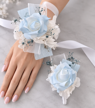 Load image into Gallery viewer, Baby blue &amp; white corsage &amp; buttonhole set AB1177 - School formal, prom, graduation, wedding
