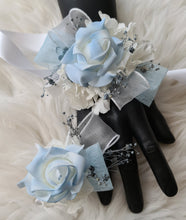 Load image into Gallery viewer, Baby blue &amp; white corsage &amp; buttonhole set AB1177 - School formal, prom, graduation, wedding
